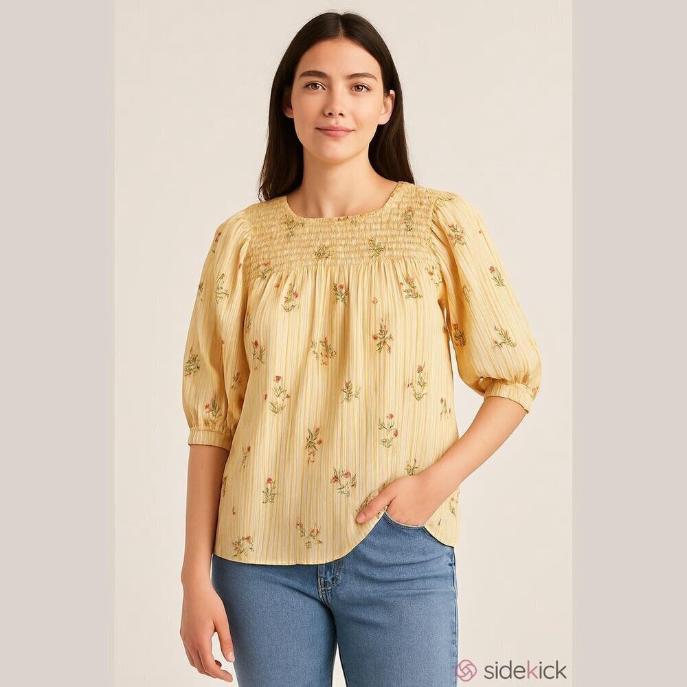 ACOS&A Women's Medium Yellow Floral Stripe Blouse